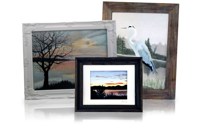 Landscape oil paintings (3), consisting of a lake sunset painting, winter sunrise, and a blue heron